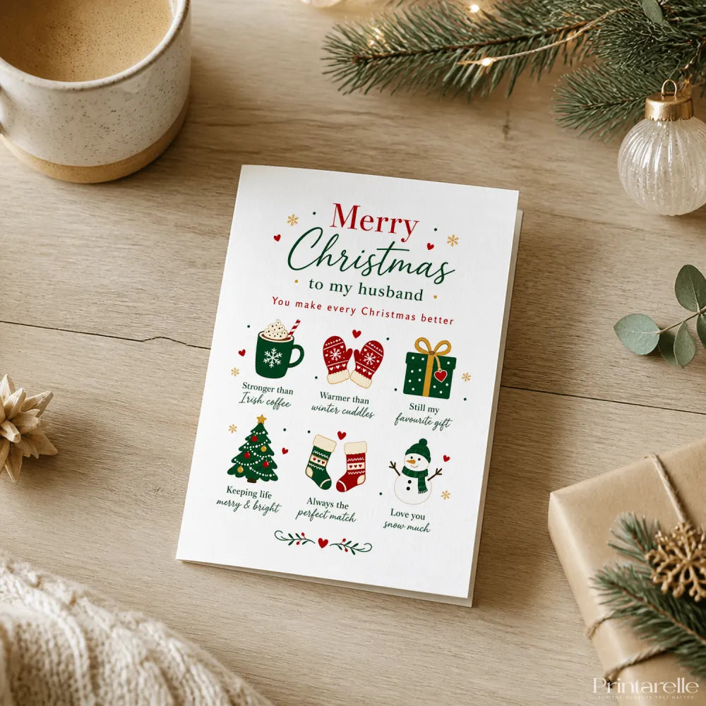 White husband christmas card with festive red and green text saying stronger than irish coffee greeting