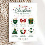 White husband christmas card with red green irish coffee text and illustrations of mug mittens gift tree socks snowman