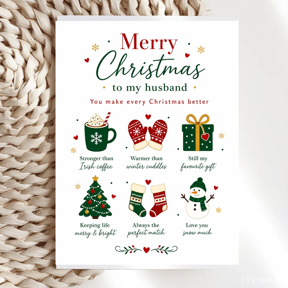 White husband christmas card with red green irish coffee text and illustrations of mug mittens gift tree socks snowman