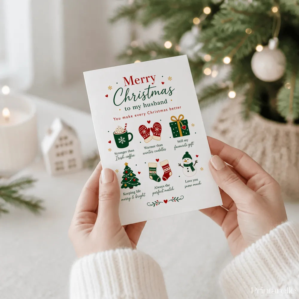 A white husband christmas card with festive illustrations and merry christmas to my husband text inspired by irish coffee