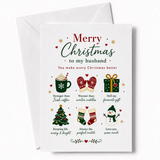 White husband christmas card with festive red green and gold text saying stronger than irish coffee greeting