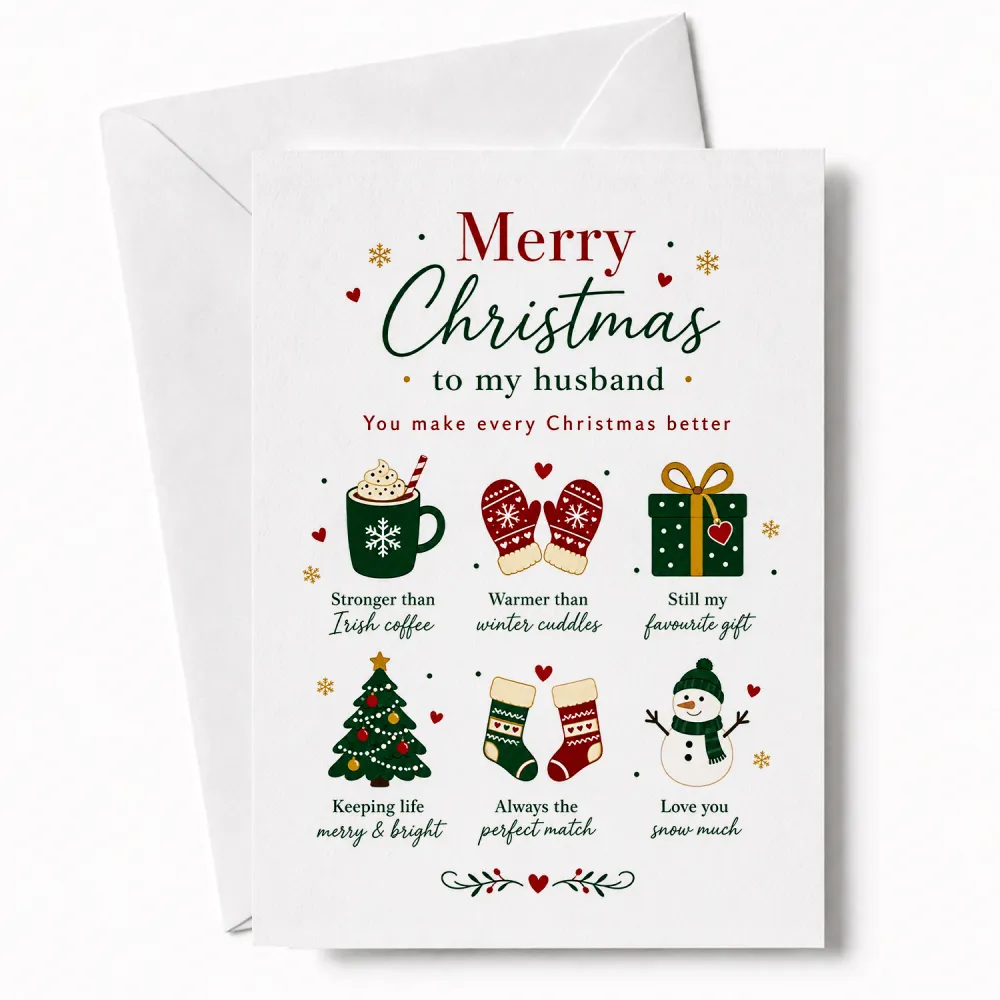 White husband christmas card with festive red green and gold text saying stronger than irish coffee greeting