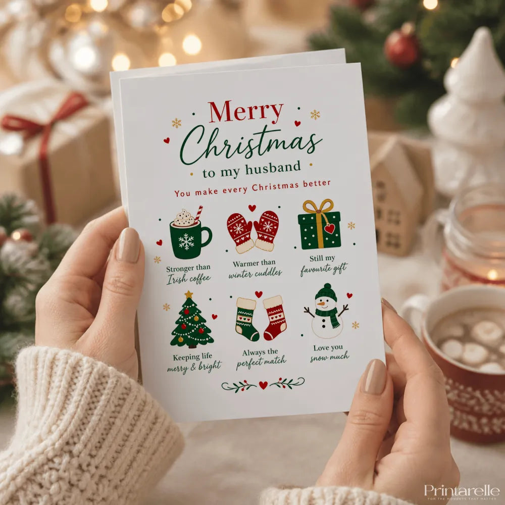 White husband christmas card with red green text and festive illustrations stronger than irish coffee design