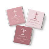 Pink and mauve wrapped mini neapolitan chocolates with cross designs for andrew thomas’s christening favors