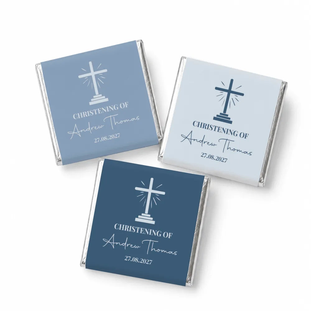 Three wrapped mini neapolitan chocolates with sunburst cross design personalized for andrew thomas christening favor