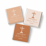 Three mini neapolitan chocolates with cross design wrapped in matte beige and terracotta foil for christening favors