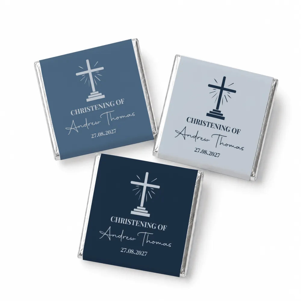 Three wrapped mini neapolitan chocolates with cross design personalized for andrew thomas christening favor