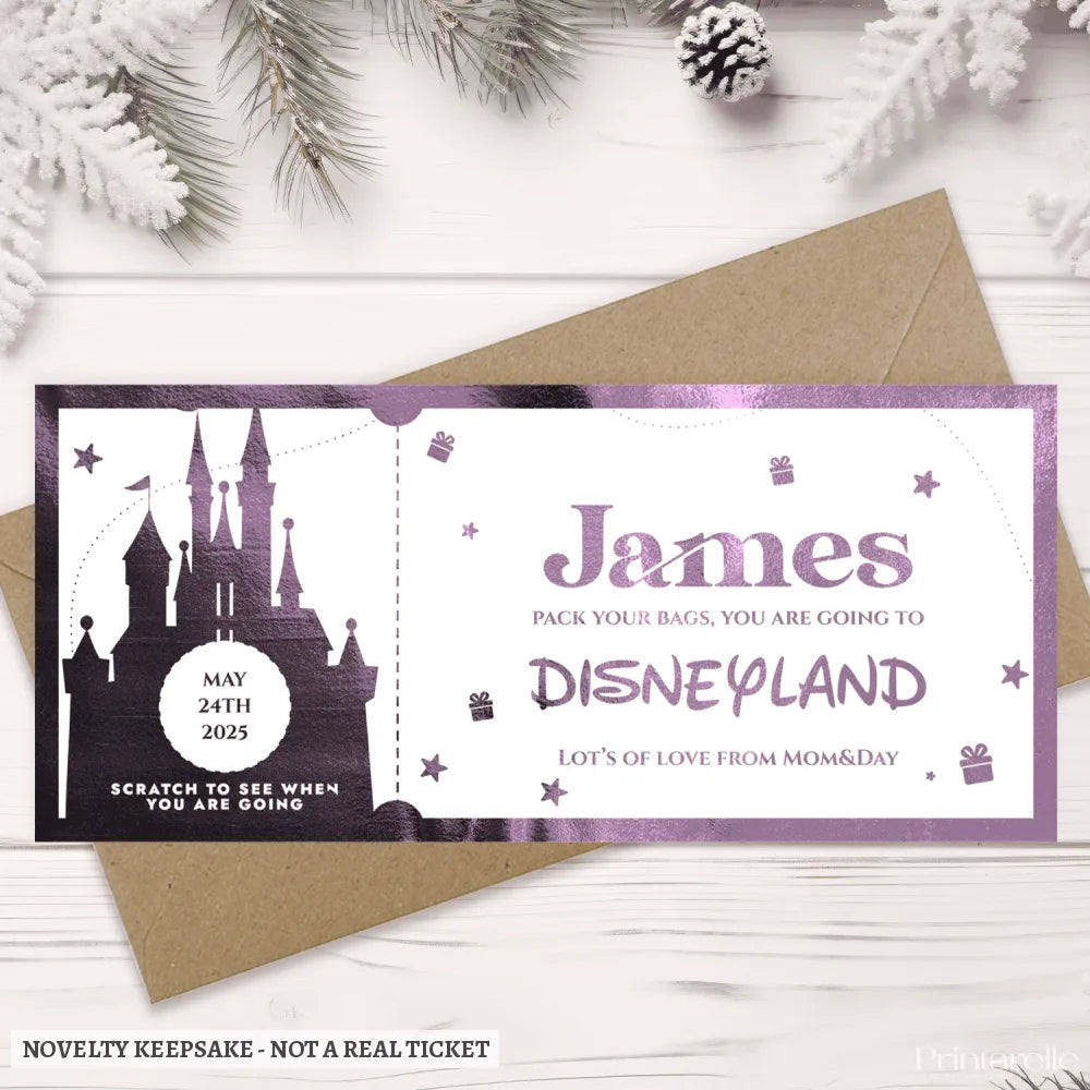 Christmas Surprise Foil Ticket - Disneyland Trip Reveal - personalised christmas foil, christmas foil ticket,