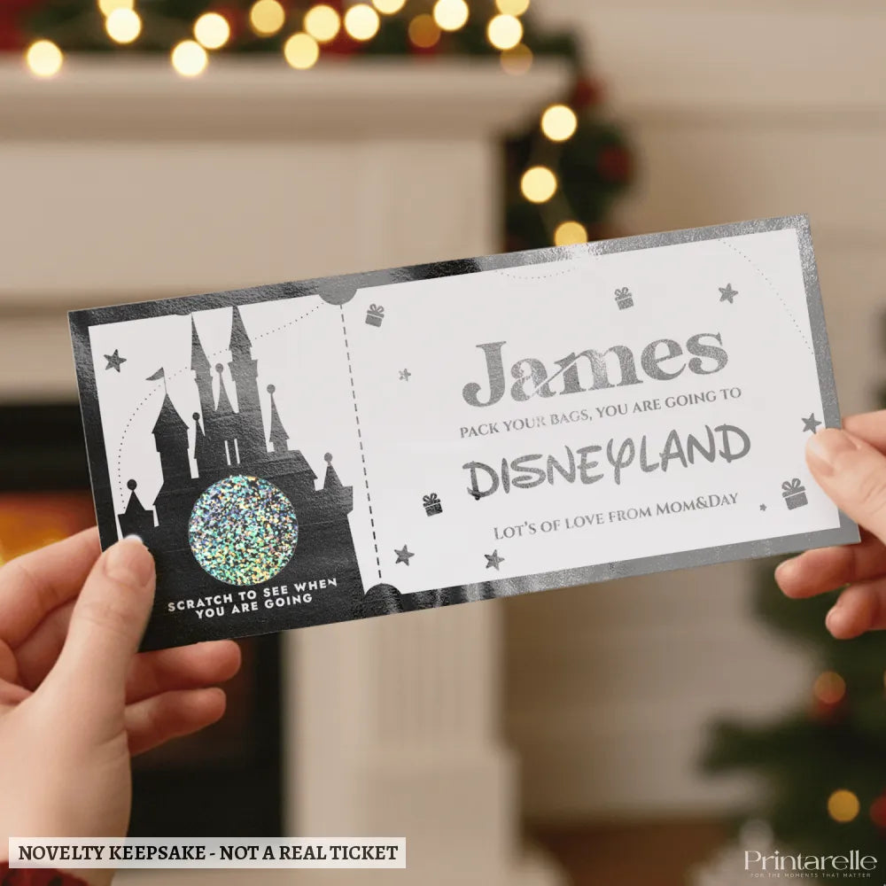 Christmas Surprise Foil Ticket - Disneyland Trip Reveal - personalised christmas foil, christmas foil ticket,