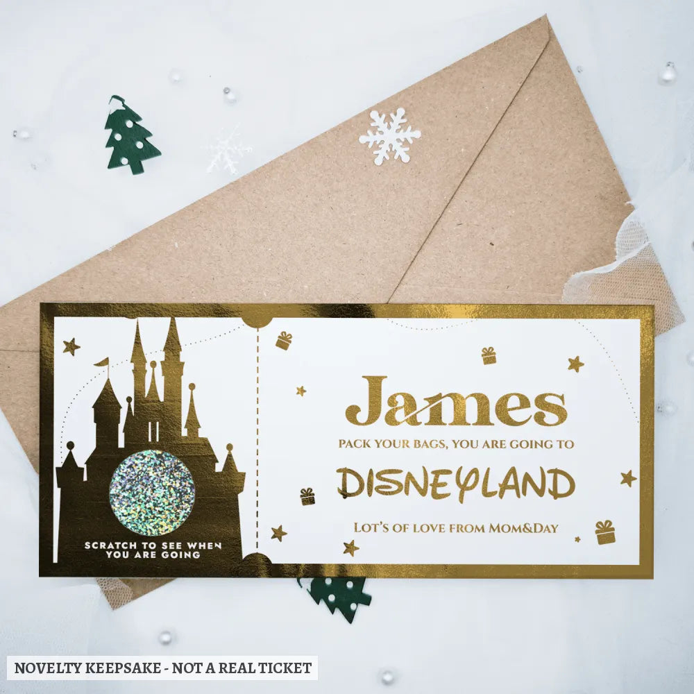 Christmas Surprise Foil Ticket - Disneyland Trip Reveal - personalised christmas foil, christmas foil ticket,