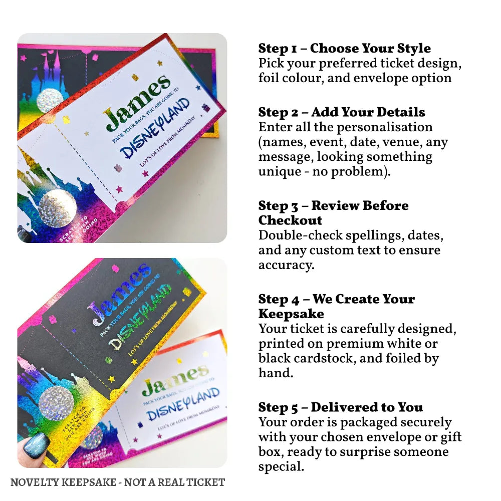 Christmas Surprise Foil Ticket - Disneyland Trip Reveal - personalised christmas foil, christmas foil ticket,