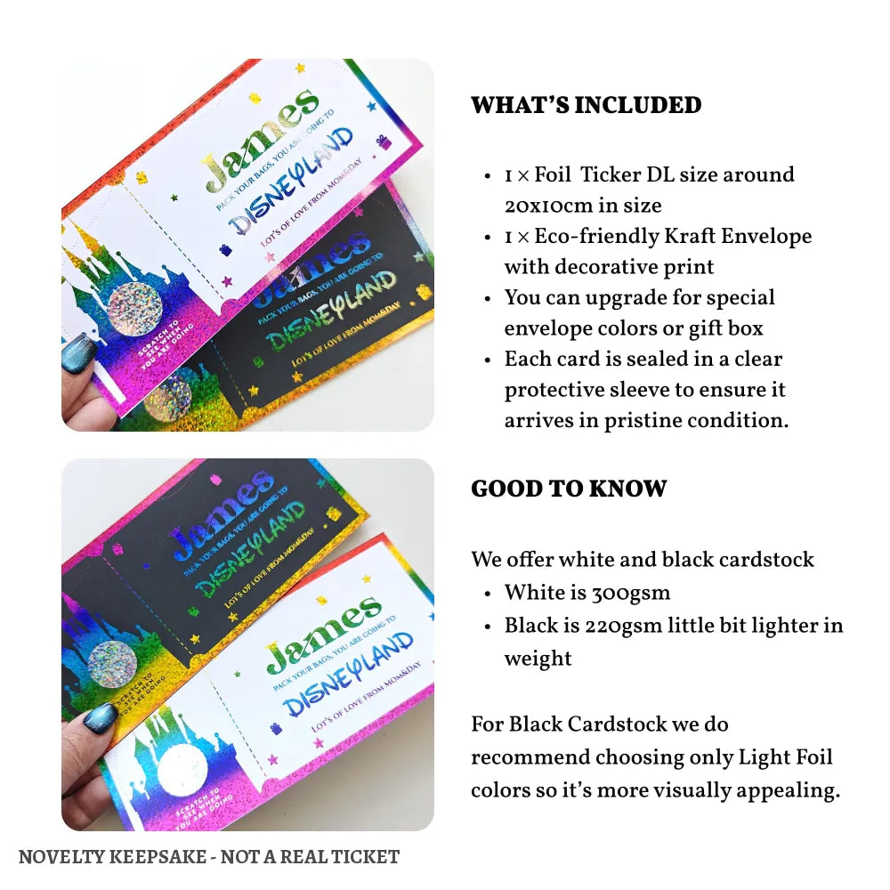 Christmas Surprise Foil Ticket - Disneyland Trip Reveal - personalised christmas foil, christmas foil ticket,