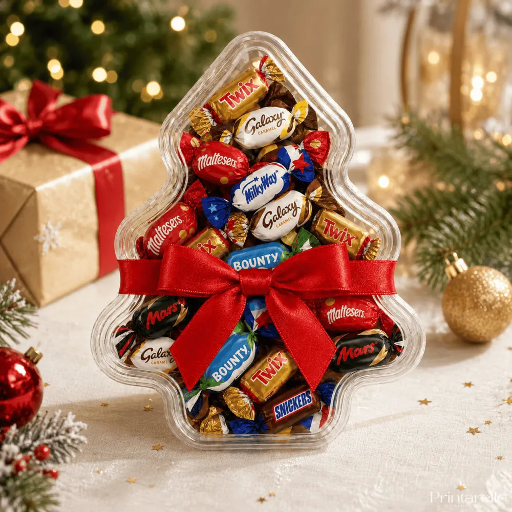 Clear tree shaped christmas tree container filled with chocolates and tied with red ribbon for personalised sticker use