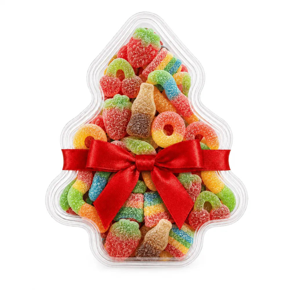 Clear tree shaped personalised christmas tree favour box filled with colorful gummy candies tied with red satin ribbon