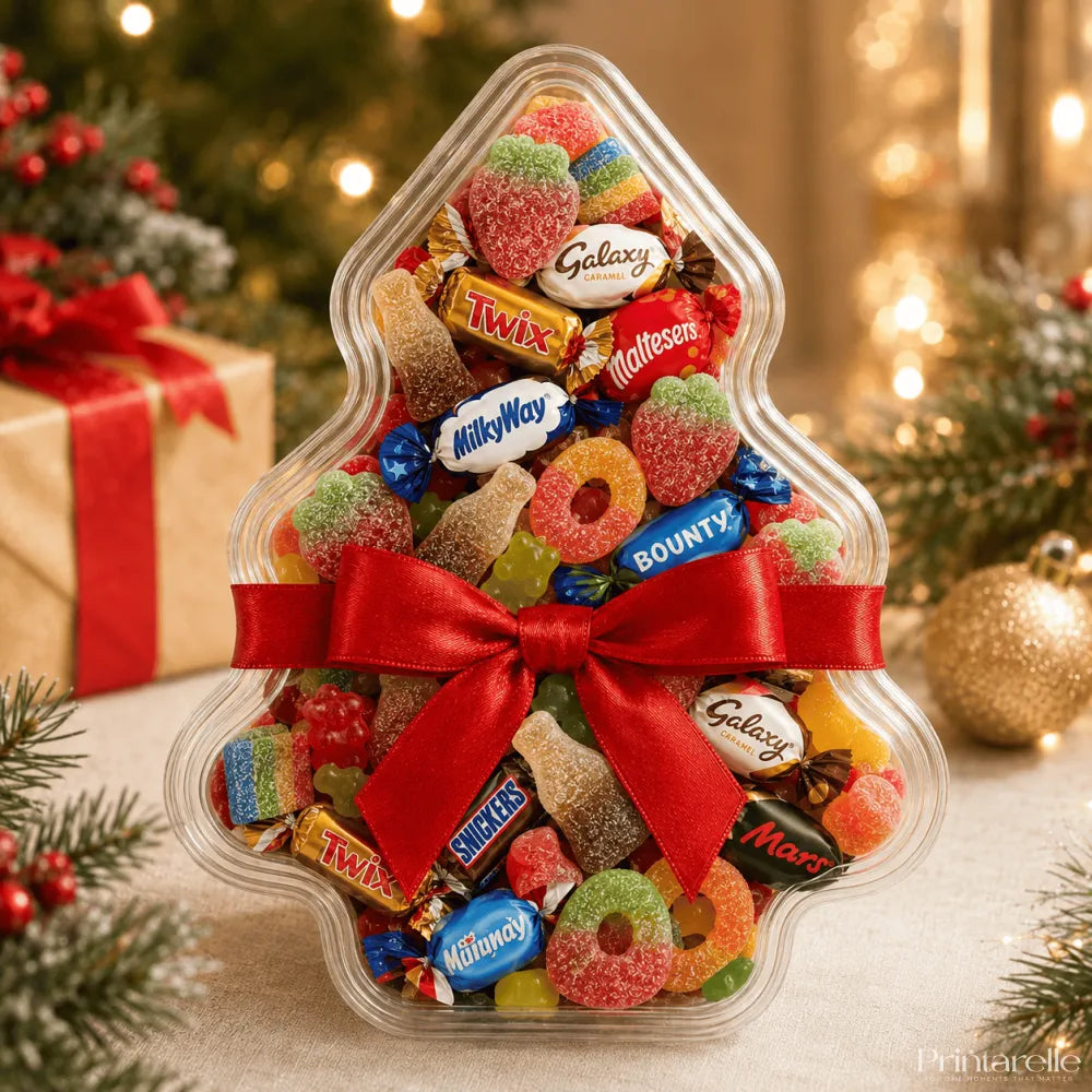 Clear tree shaped christmas tree container filled with colorful candies and tied with red ribbon for personalised sticker use