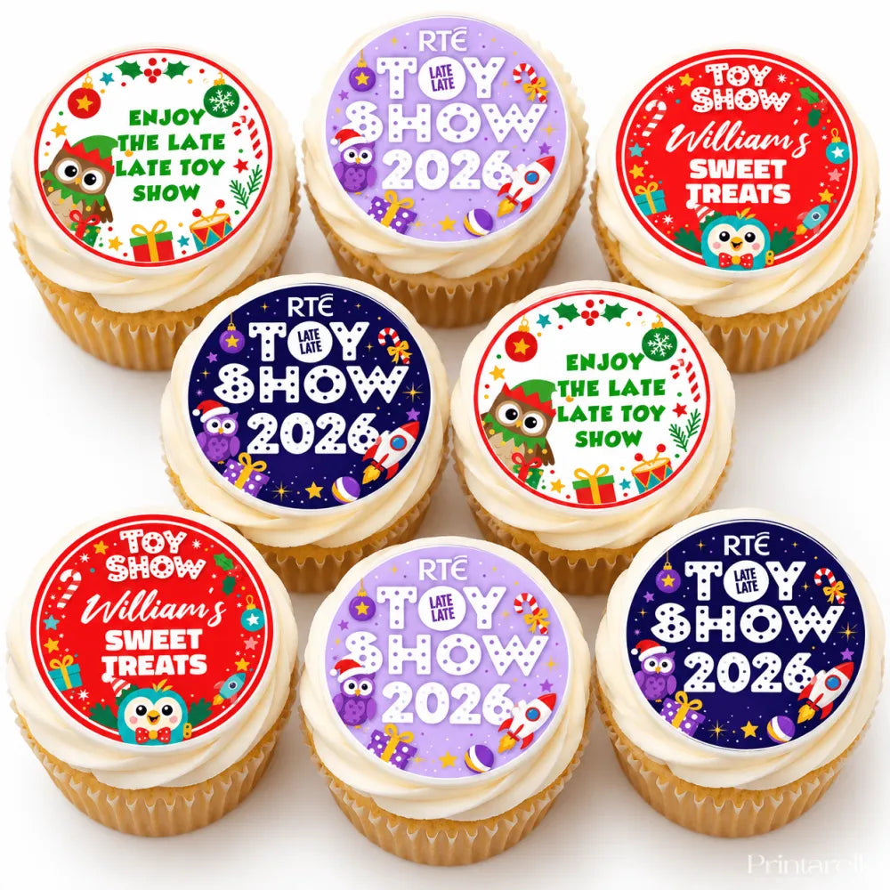 Colorful personalised cupcake toppers with late late toy show 2026 owls and holiday motifs perfect sweet treats