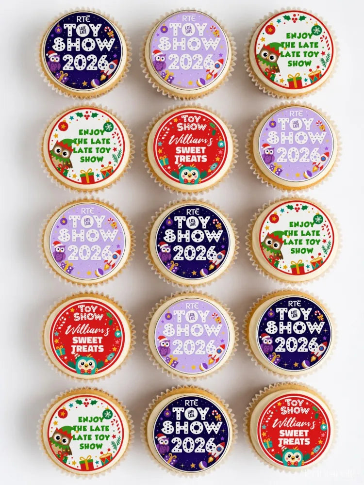 Decorated cupcakes with colourful personalised cupcake toppers featuring rte toy show 2026 and festive sweet treats designs