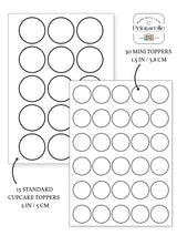 Printable sheet of 30 mini and 15 standard black outline personalised cupcake toppers for sweet treats at the toy show