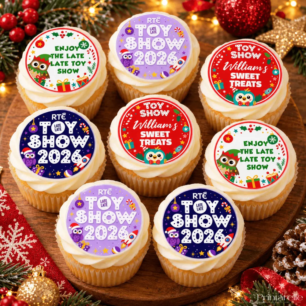 White frosted cupcakes with colourful personalised sweet treats cupcake toppers for the arté late toy show 2026