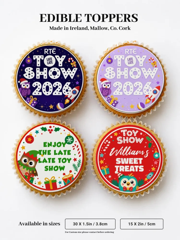 Round edible cupcake toppers with colourful cartoon owls and candy canes on a sugary base for personalised sweet treats