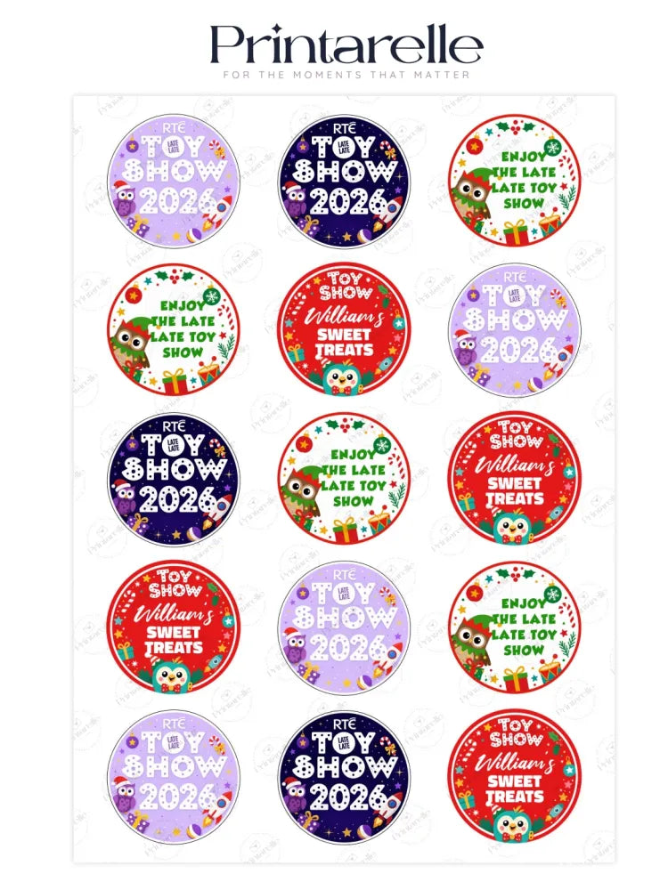 Printable circular cupcake toppers with festive owl designs in purple navy blue red and green for personalised sweet treats