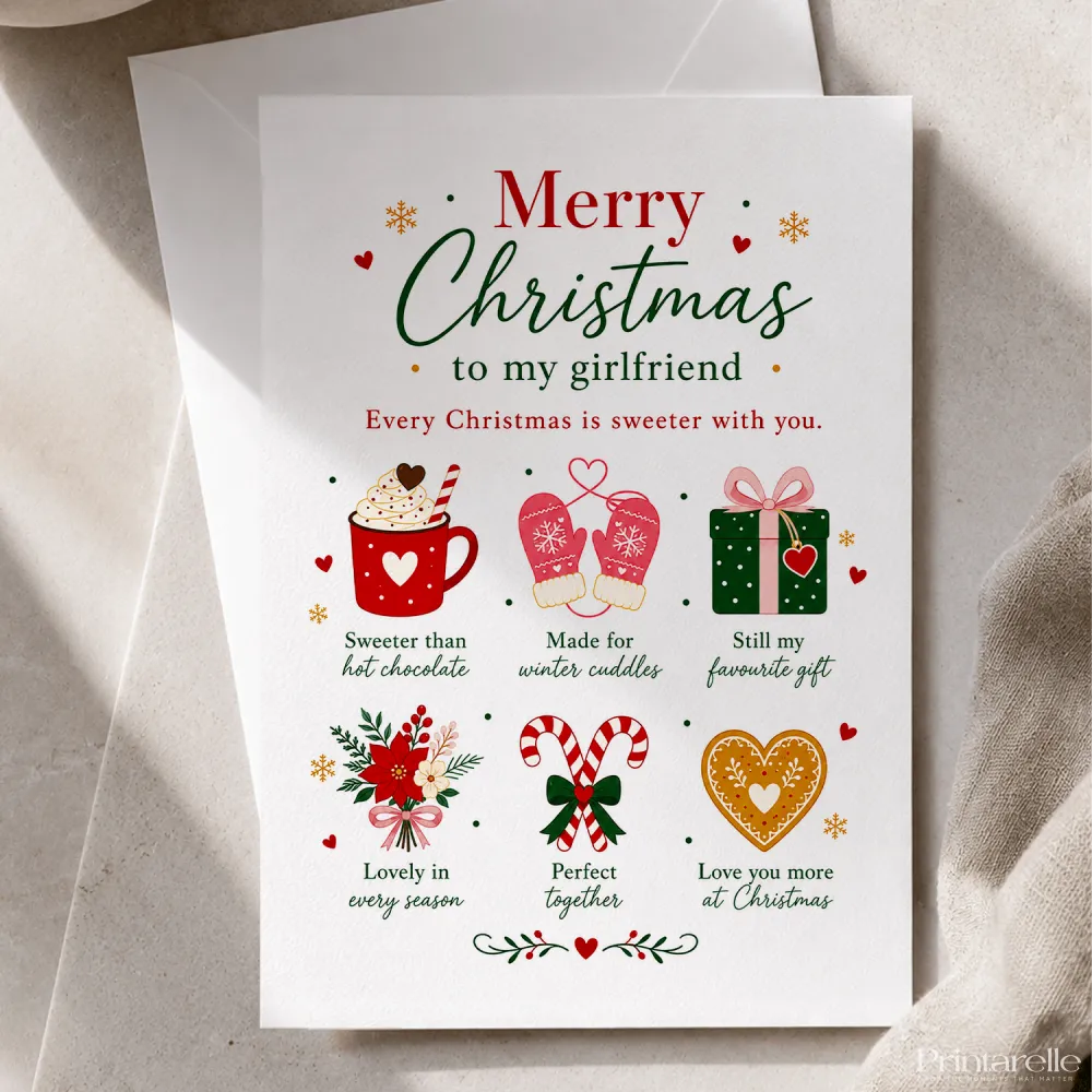 A white girlfriend christmas card with festive illustrations and merry christmas to my girlfriend text in red and green