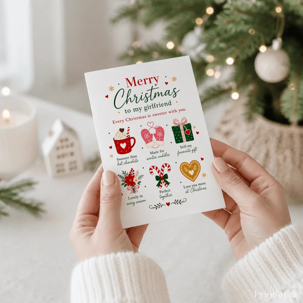 A white girlfriend christmas card with colorful festive illustrations held in hands against a holiday background