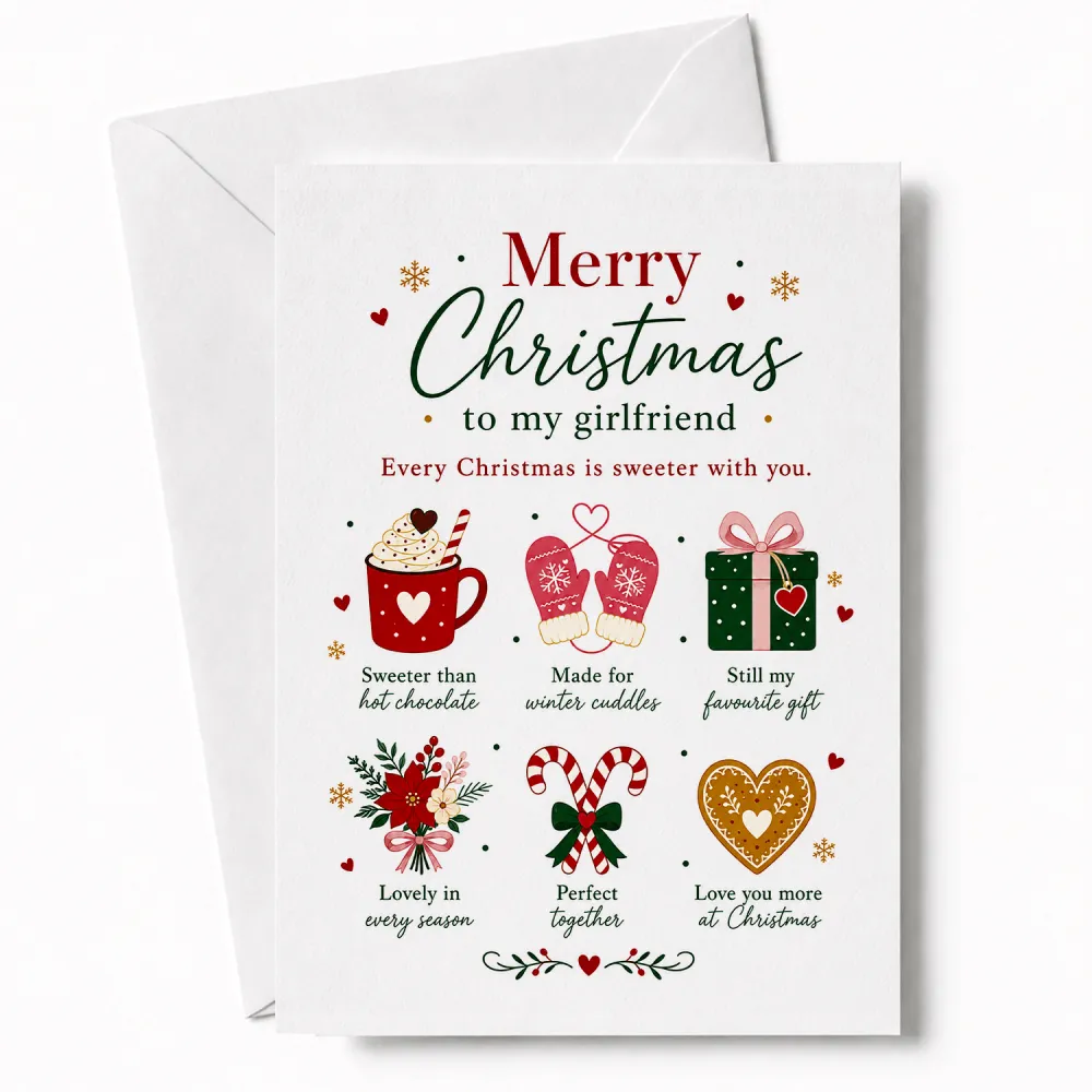 White christmas girlfriend christmas card with red and green text and cute festive illustrations like mittens and candy canes