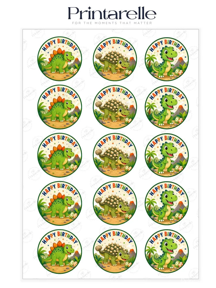 Circular edible cupcake toppers with green brown and yellow cartoon t-rex dinosaurs on a white background