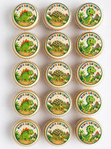 T-rex dinosaur edible cupcake toppers with green and orange dinosaurs and happy birthday text on white background