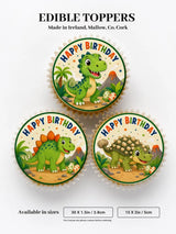 Green t-rex dinosaur edible cupcake toppers with happy birthday text and jungle background perfect for parties