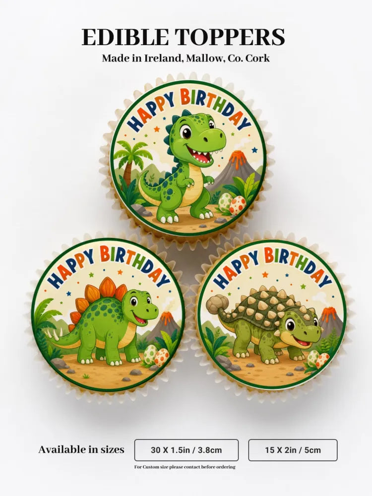 Green t-rex dinosaur edible cupcake toppers with happy birthday text and jungle background perfect for parties