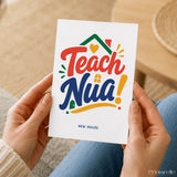 A white home card with teach nua colorful typography and house illustration printed on premium cardstock