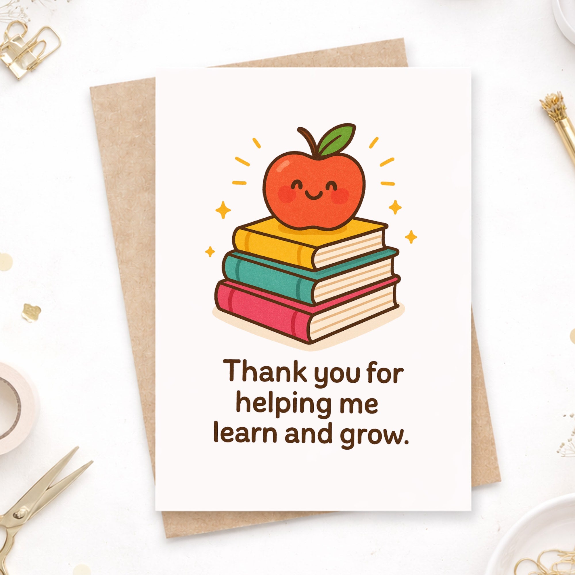 Teacher Thank You Card – Apple & Books Design - Greeting Card - Printarelle