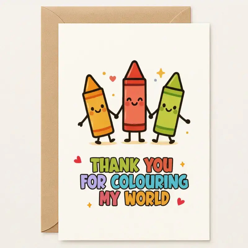 Teacher thank you card colouring my world crayon design