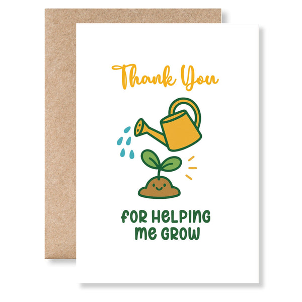 A cheerful yellow watering can illustration on a teacher thank you greeting card with eco-friendly kraft envelope