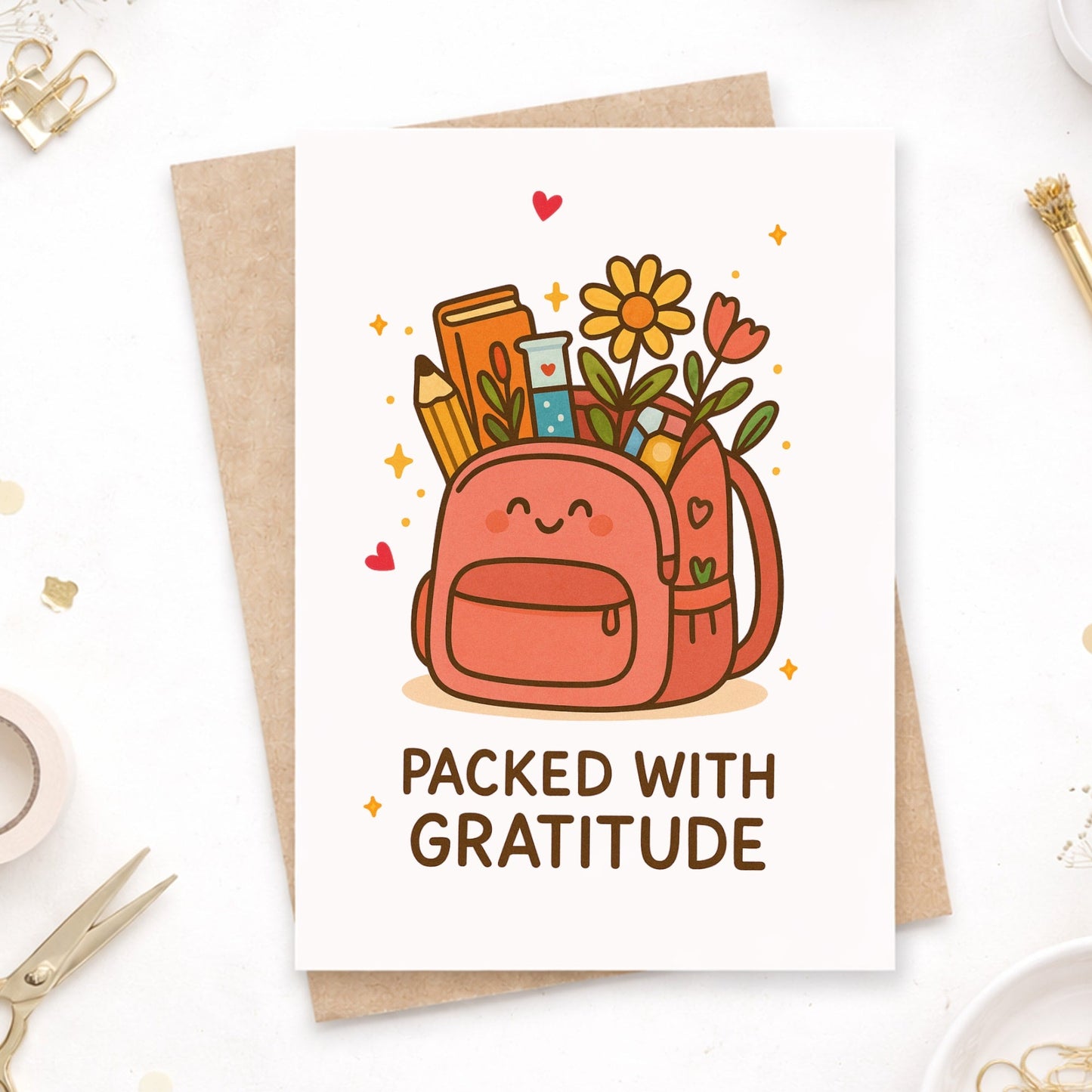 Teacher Thank You Card – “Packed With Gratitude” School Backpack - Greeting Card - Printarelle