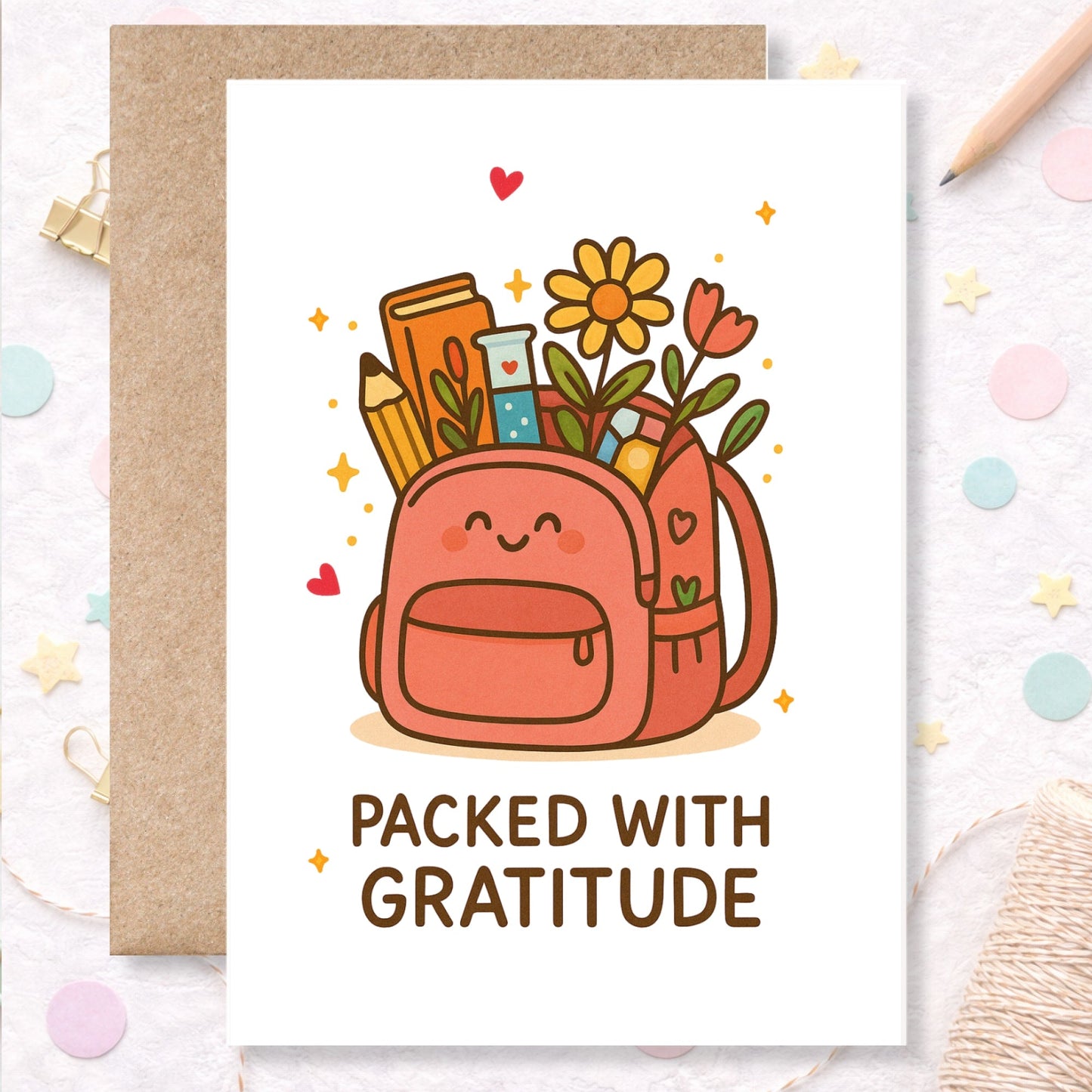 Teacher Thank You Card – “Packed With Gratitude” School Backpack - Greeting Card - Printarelle
