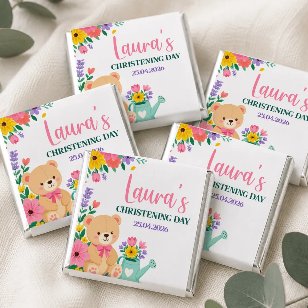 Cute white chocolate mini neapolitan chocolates wrapper with teddy bear and flowers personalized for laura’s christening day