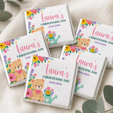 Cute white chocolate mini neapolitan chocolates wrapper with teddy bear and flowers personalized for laura’s christening day
