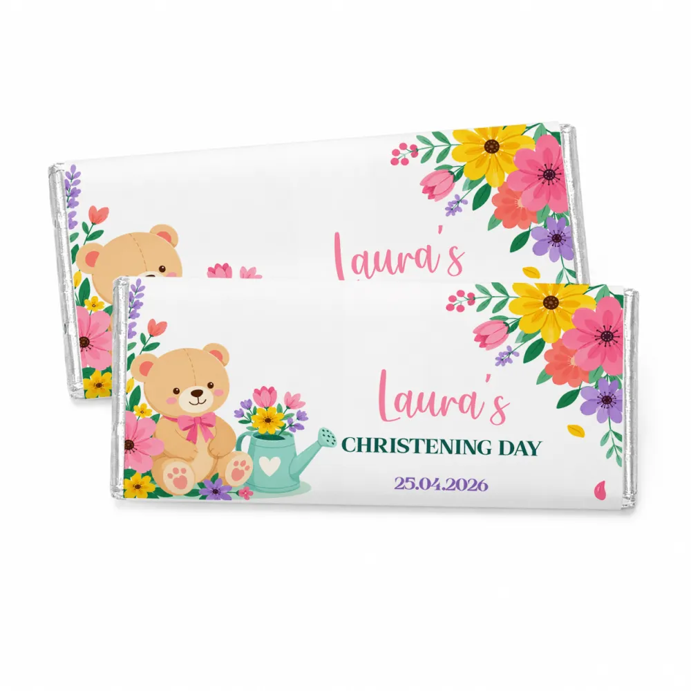 A personalized 40g chocolate bar with a white chocolate wrapper featuring a teddy bear and colorful floral designs