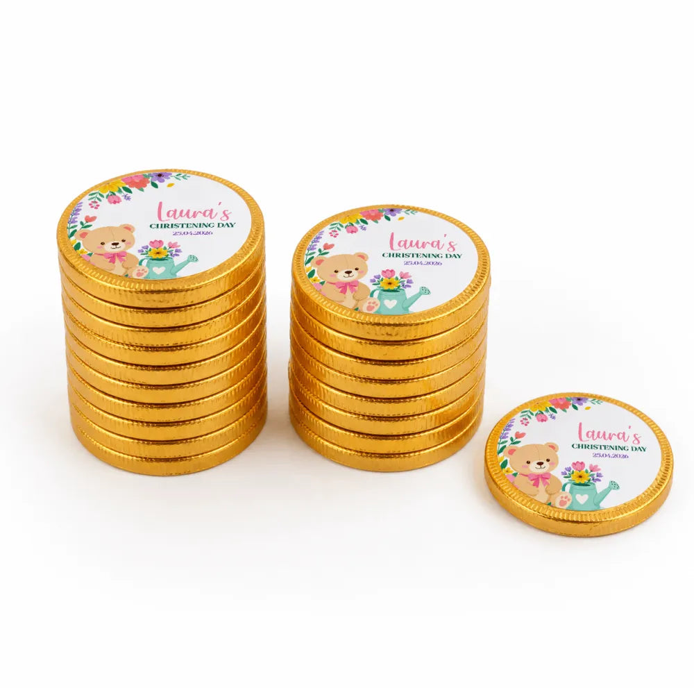 Golden chocolate coins with a cute teddy bear and floral design personalised for lauras christening day