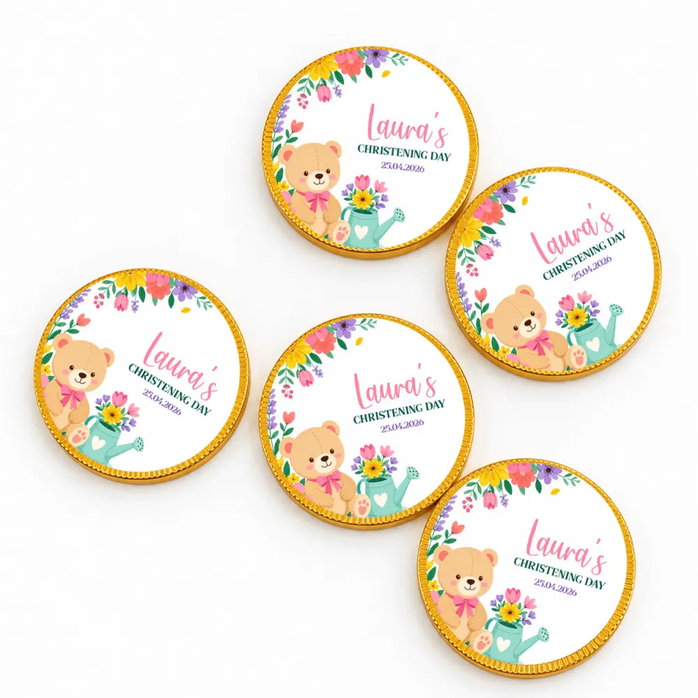 Round gold-edged personalised chocolate coins with a teddy bear and flowers for lauras christening day 25.04.2026
