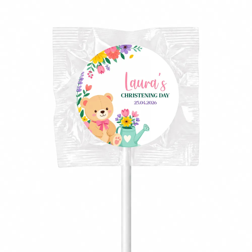 Personalised white lollipop favours with a cute teddy bear and colorful flowers for teddy garden christening swirl lollipops finished