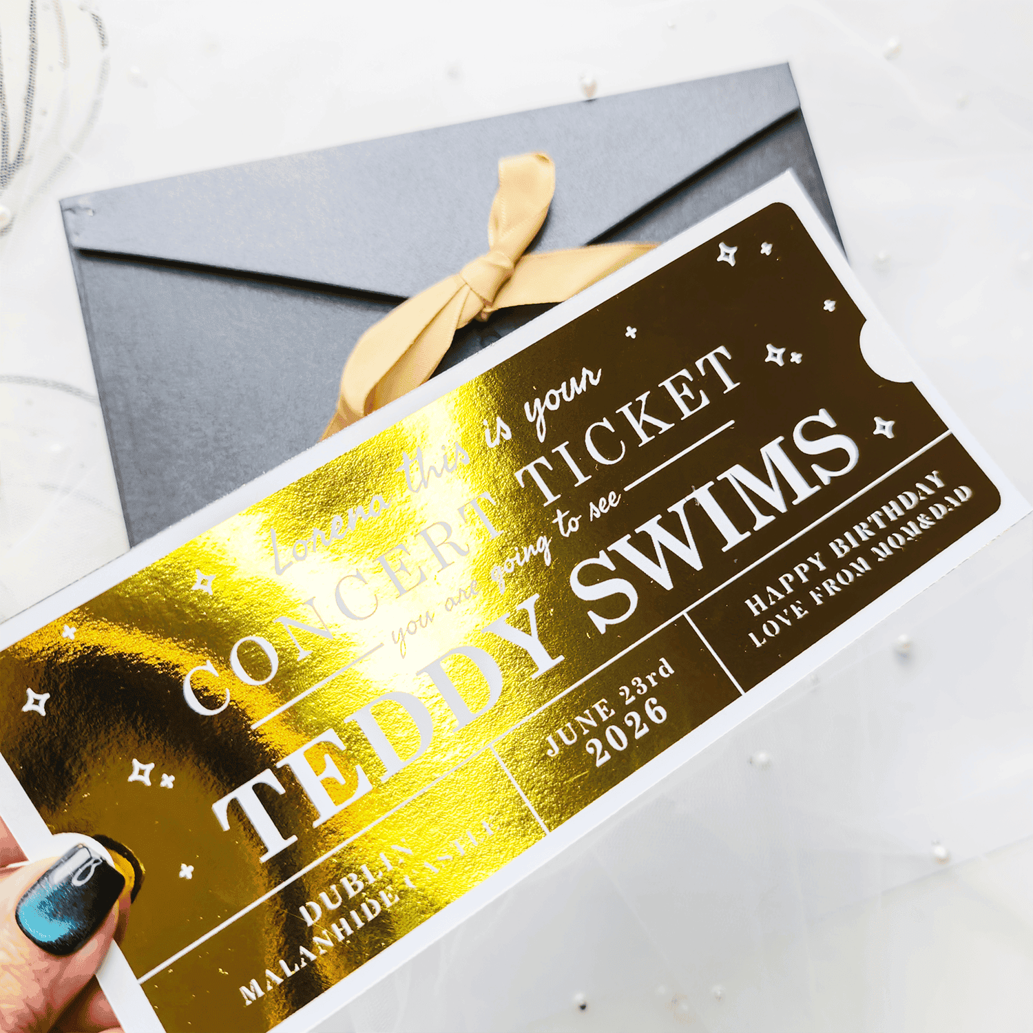 holographic foil teddy swims personalised concert surprise ticket