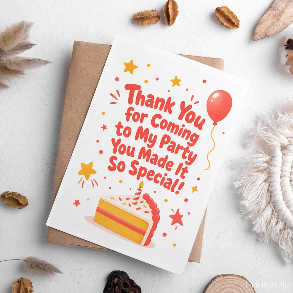Thank You for Coming to My Party Birthday Card - bold red, blank inside, kraft envelope, personalized foil tickets,
