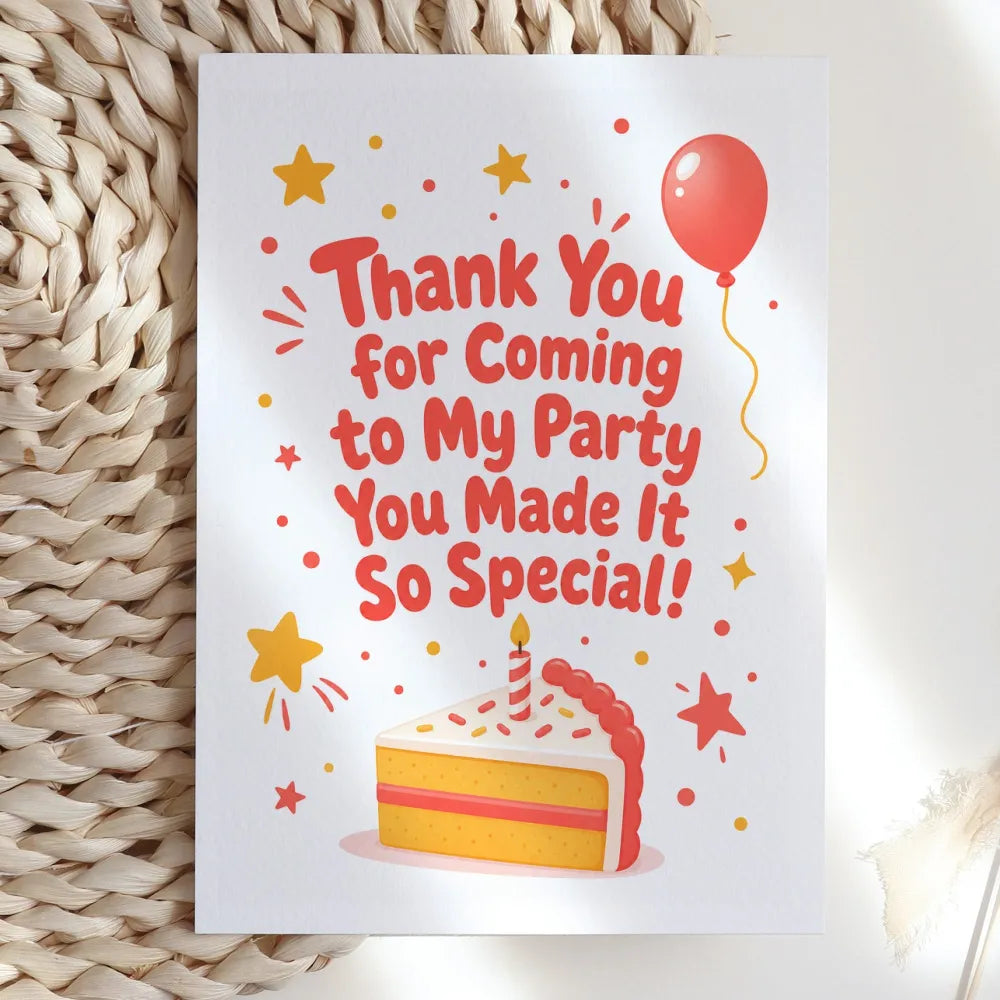 Thank You for Coming to My Party Birthday Card - bold red, blank inside, kraft envelope, personalized foil tickets,