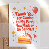 Thank You for Coming to My Party Birthday Card - bold red, blank inside, kraft envelope, personalized foil tickets,
