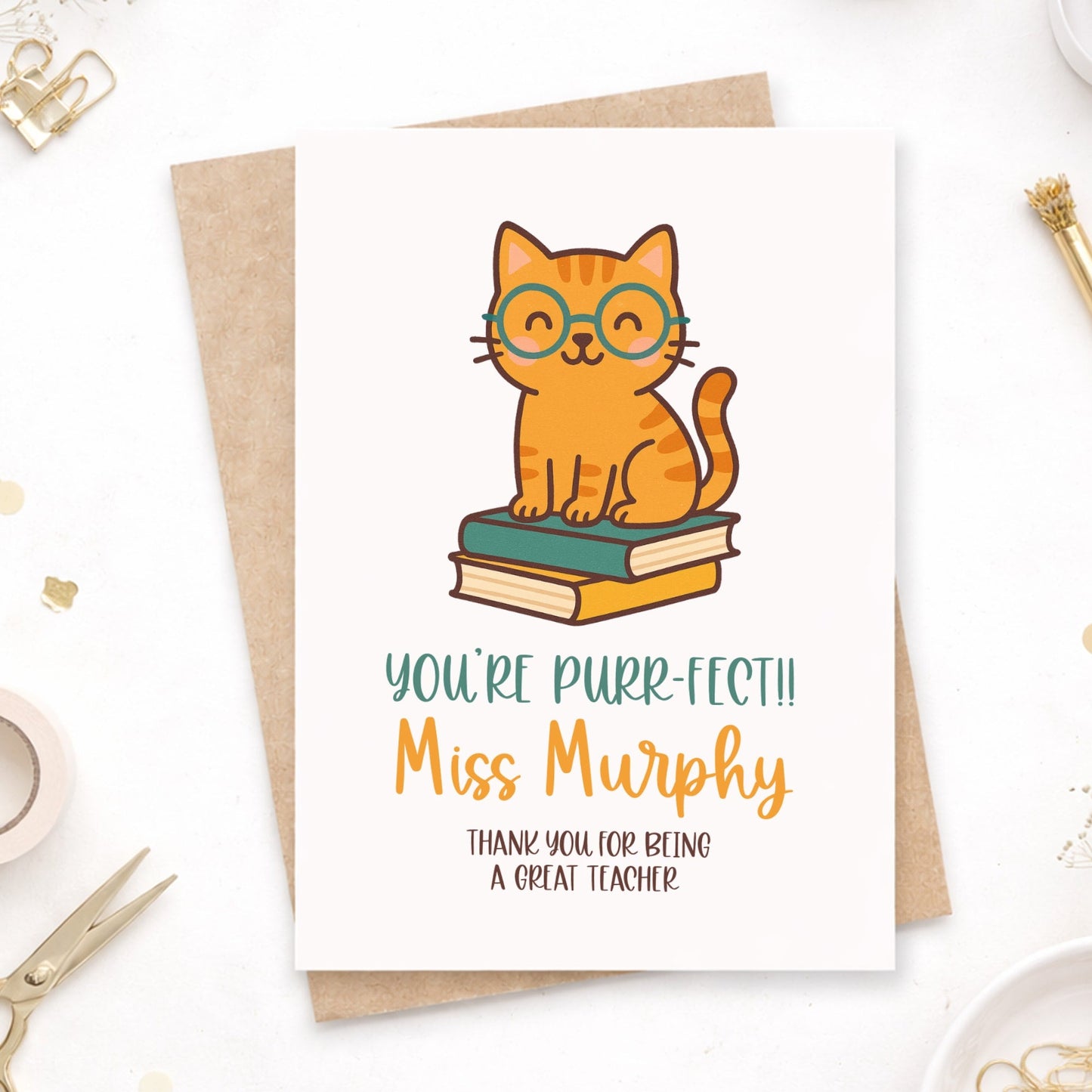 Thank You Teacher Card – “You’re Purr-fect!” Cat Design with Custom Name - Greeting Card - Printarelle