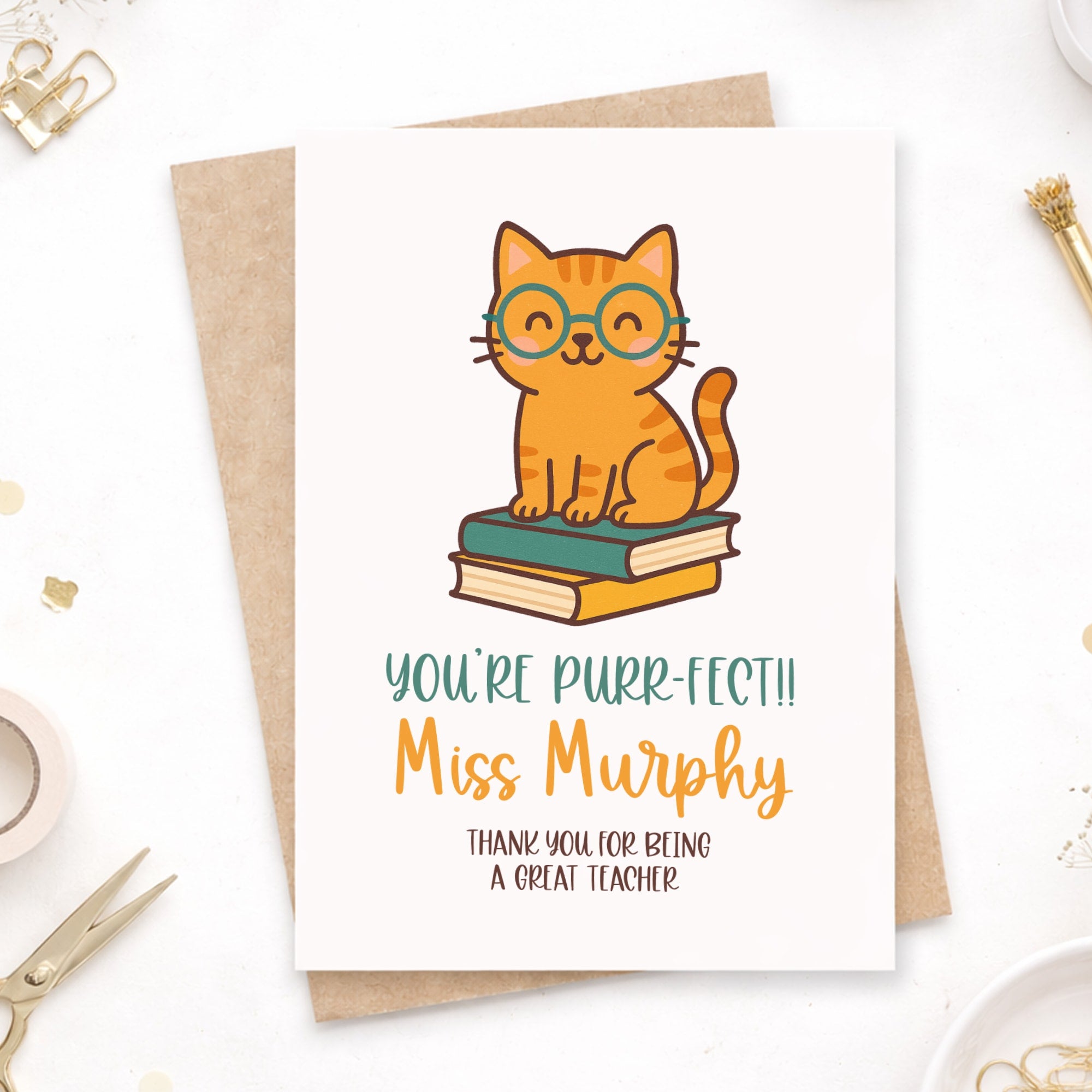 Thank You Teacher Card – “You’re Purr-fect!” Cat Design with Custom Name - Greeting Card - Printarelle